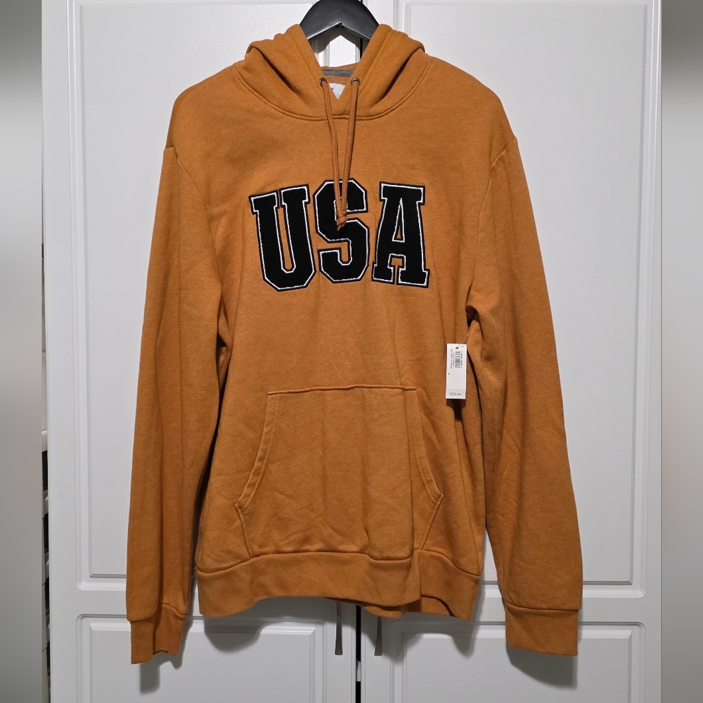 Old Navy Mens L Applique Embroidery Pull Over Hoodie Sweatshirt Yellow Mustard